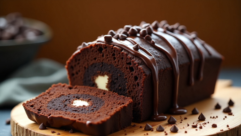 A rich and moist chocolate cream cheese pound cake with a velvety texture, drizzled with glossy chocolate ganache and garnished with chocolate shavings.