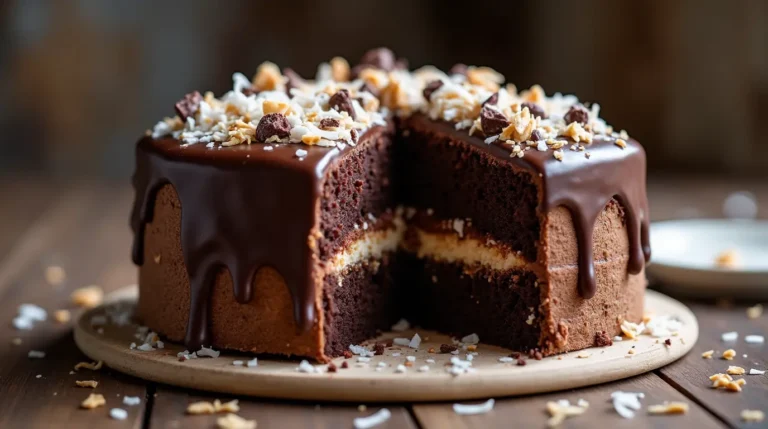 Delicious Mounds Cake recipe with layers of moist chocolate cake, creamy coconut filling, and chocolate ganache topping.