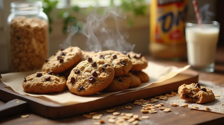 Freshly baked golden-brown oatmeal cookies with oats, raisins, and chocolate chips on a rustic wooden tray, surrounded by recipe ingredients (Quaker Oats, flour, eggs, butter) and step-by-step preparation visuals. Warm kitchen lighting with Quaker Oats branding and retro styling.