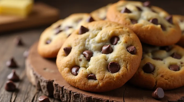Golden-brown chocolate chip cookies without brown sugar, showcasing gooey chocolate chips and a soft, chewy texture.