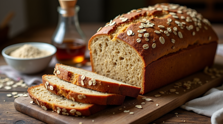A loaf of old-fashioned oatmeal brown bread on a rustic wooden cutting board, topped with rolled oats and surrounded by ingredients like oats, molasses, and butter.