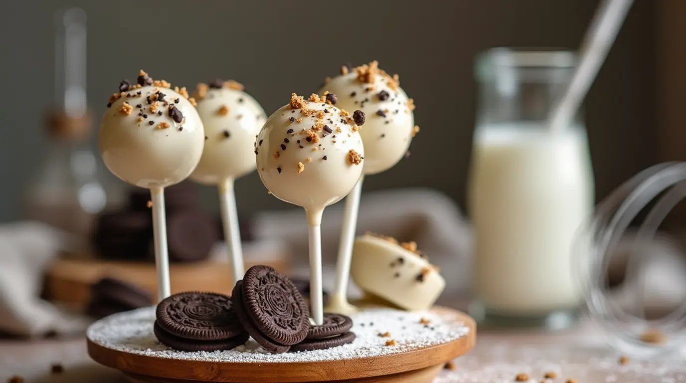Cookie and cream cake pop recipe coated in white chocolate with Oreo cookie crumbs, displayed on a wooden board.