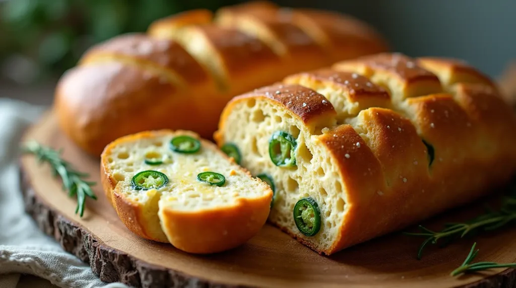 Freshly baked vegan jalapeno cheese artisan bread on a wooden board, topped with jalapeno slices.