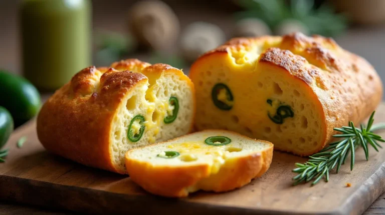 Vegan jalapeno cheese artisan bread recipe with a golden crust and spicy jalapeno slices.