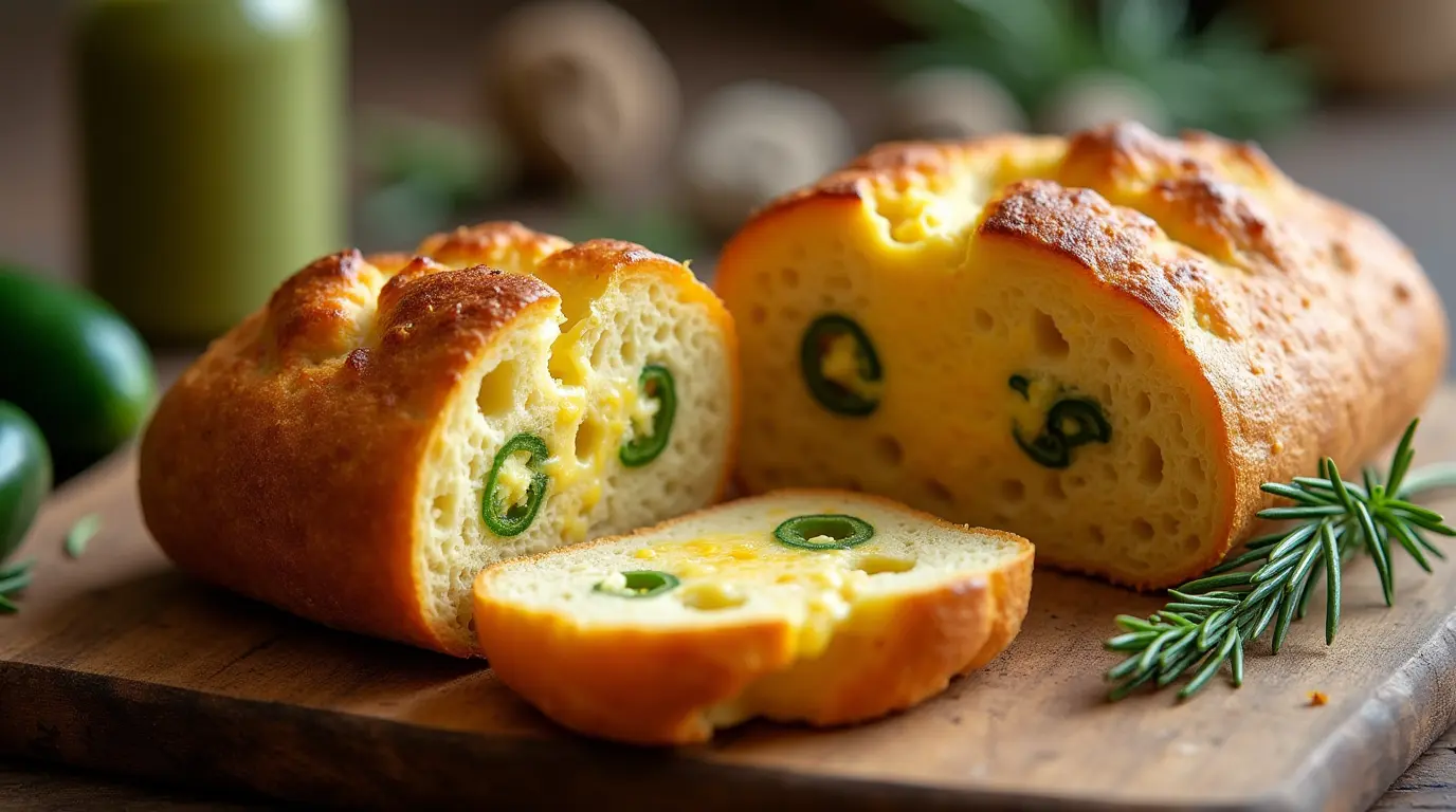 Vegan jalapeno cheese artisan bread recipe with a golden crust and spicy jalapeno slices.