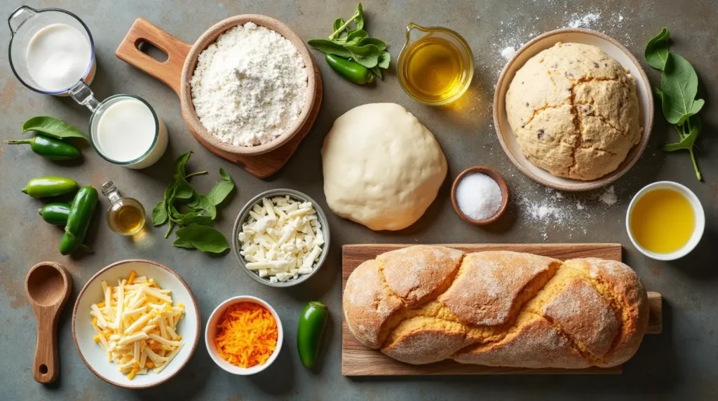 Ingredients for vegan jalapeno cheese artisan bread, including flour, jalapenos, vegan cheese, and seasonings.