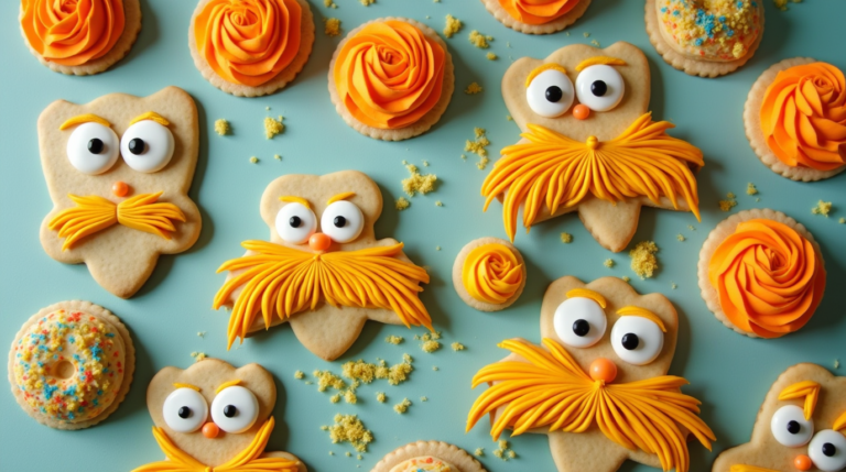 A tray of playful cookies inspired by "The Lorax," featuring bright orange mustaches and large eyes.