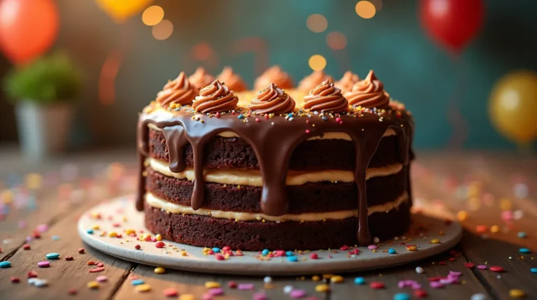 Rich and moist chocolate cake with creamy frosting, colorful sprinkles, and a slice on a plate in a cozy kitchen setting.