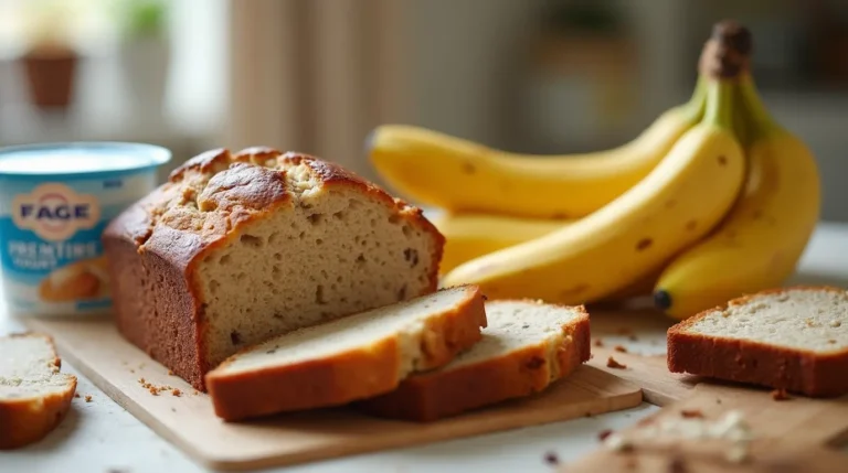 A moist banana bread loaf made with FAGE Greek yogurt, surrounded by ingredients like ripe bananas, yogurt tub, and baking tools on a wooden kitchen counter.