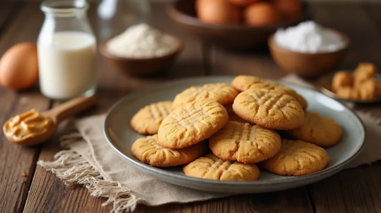 peanut butter cookie recipe with no brown sugar, displayed on a wooden table with ingredients like peanut butter, sugar, and eggs nearby.