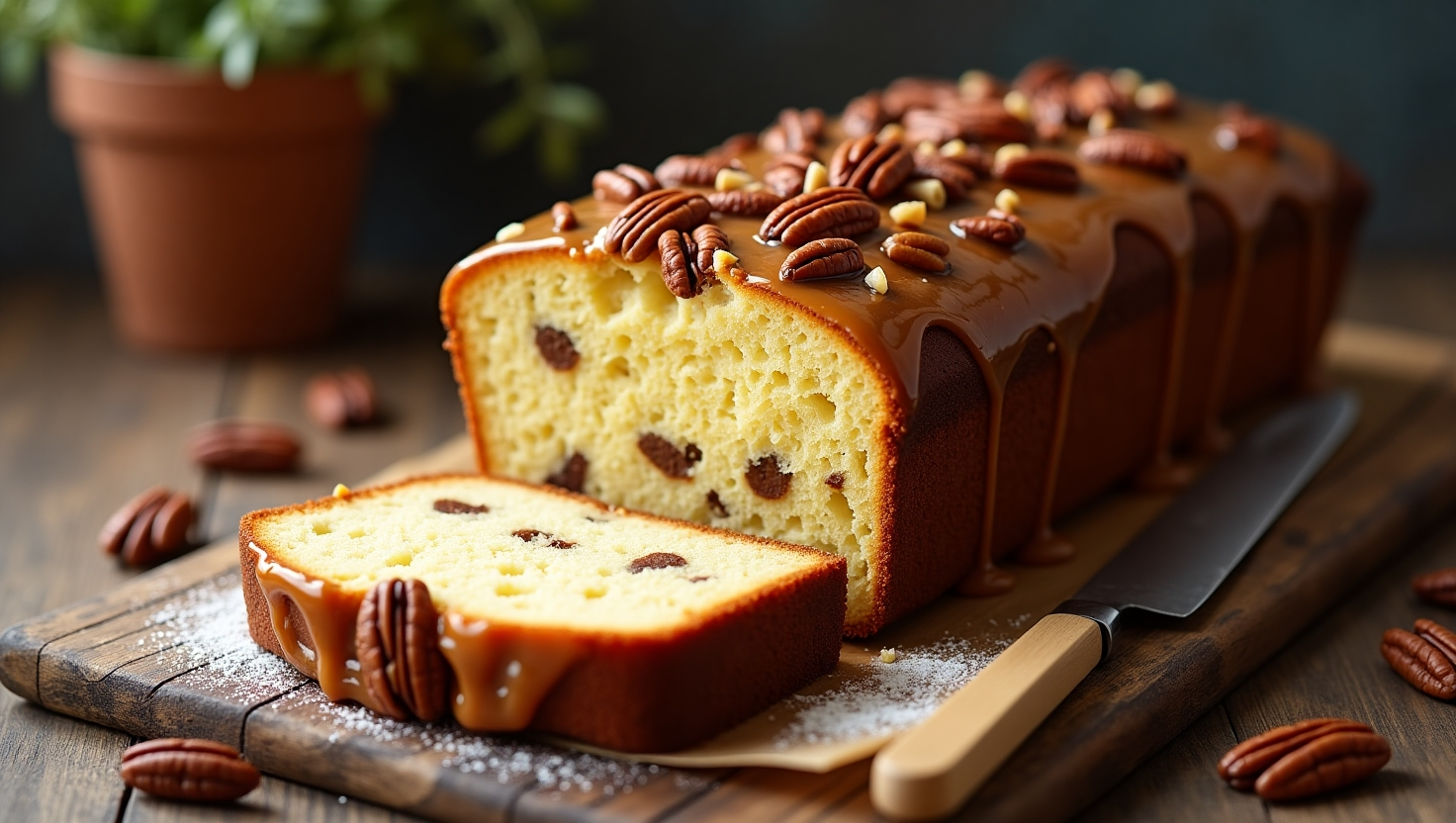 A freshly baked butter pecan pound cake with a golden-brown crust, topped with toasted pecans and a drizzle of caramel glaze, sliced to reveal its rich, moist texture.