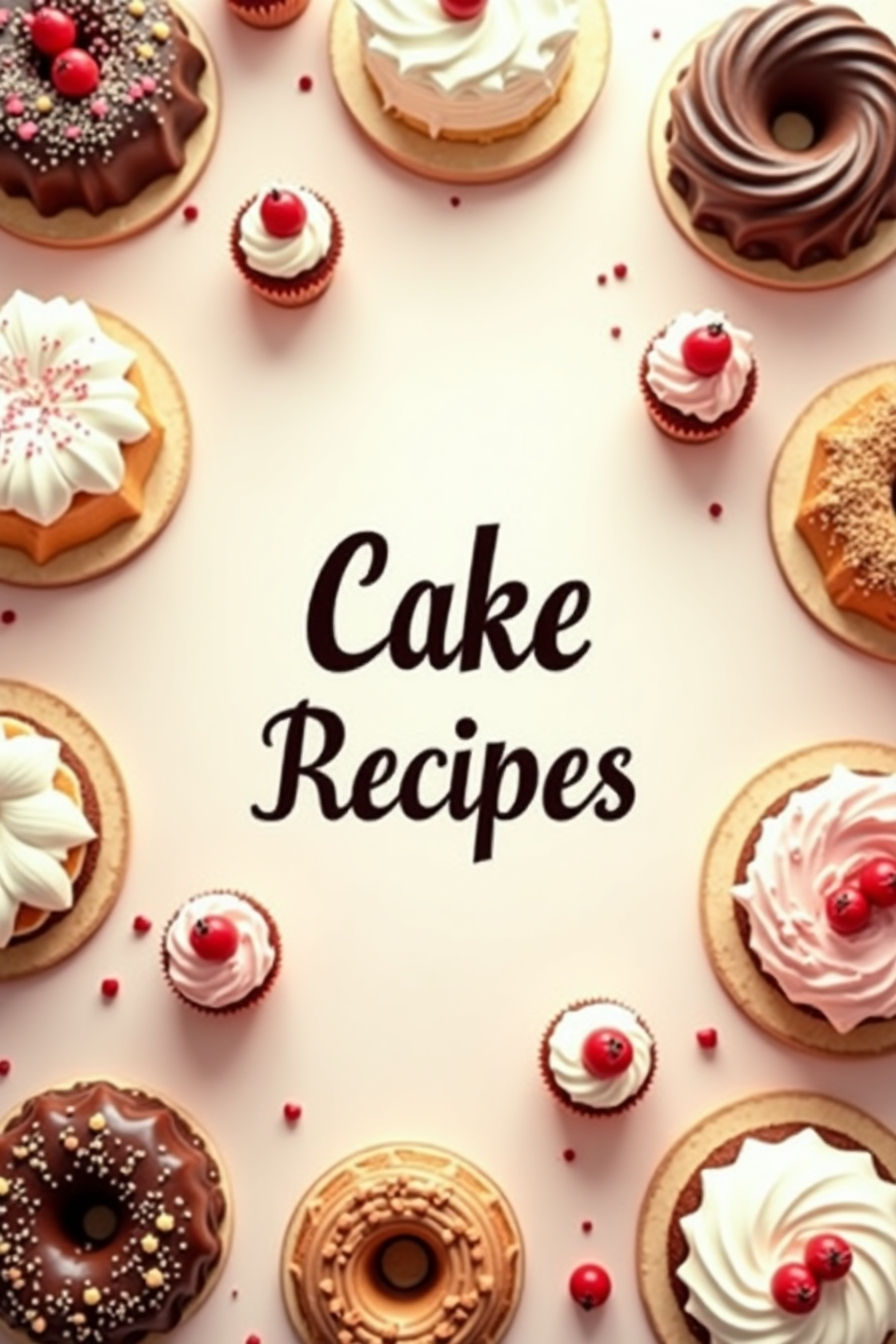 A beautifully designed cover featuring an assortment of delicious cakes, including layered cakes, bundt cakes, and cupcakes, arranged in an elegant and inviting setting. The text "Cake Recipes" is centered in a stylish font.