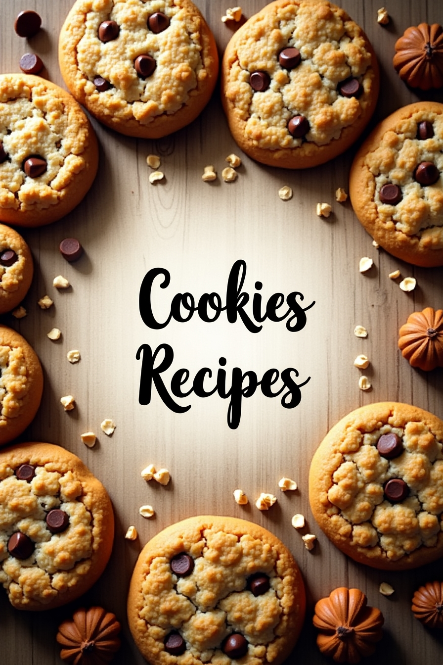 A cozy and inviting cover featuring an assortment of freshly baked cookies, including chocolate chip, oatmeal, shortbread, and sugar cookies, arranged on a rustic wooden surface. The text "Cookies Recipes" is centered in an elegant font.