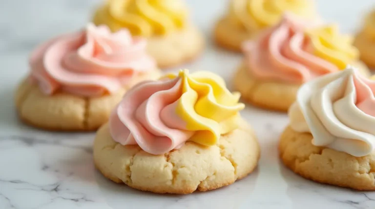 Soft sour cream cookie recipe topped with pastel-colored frosting in pink, yellow, and white, arranged on a marble surface.