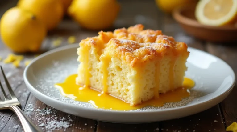 Freshly baked lemon dump cake recipe with a golden, crumbly topping, served on a white plate with a drizzle of lemon glaze and a side of vanilla ice cream.