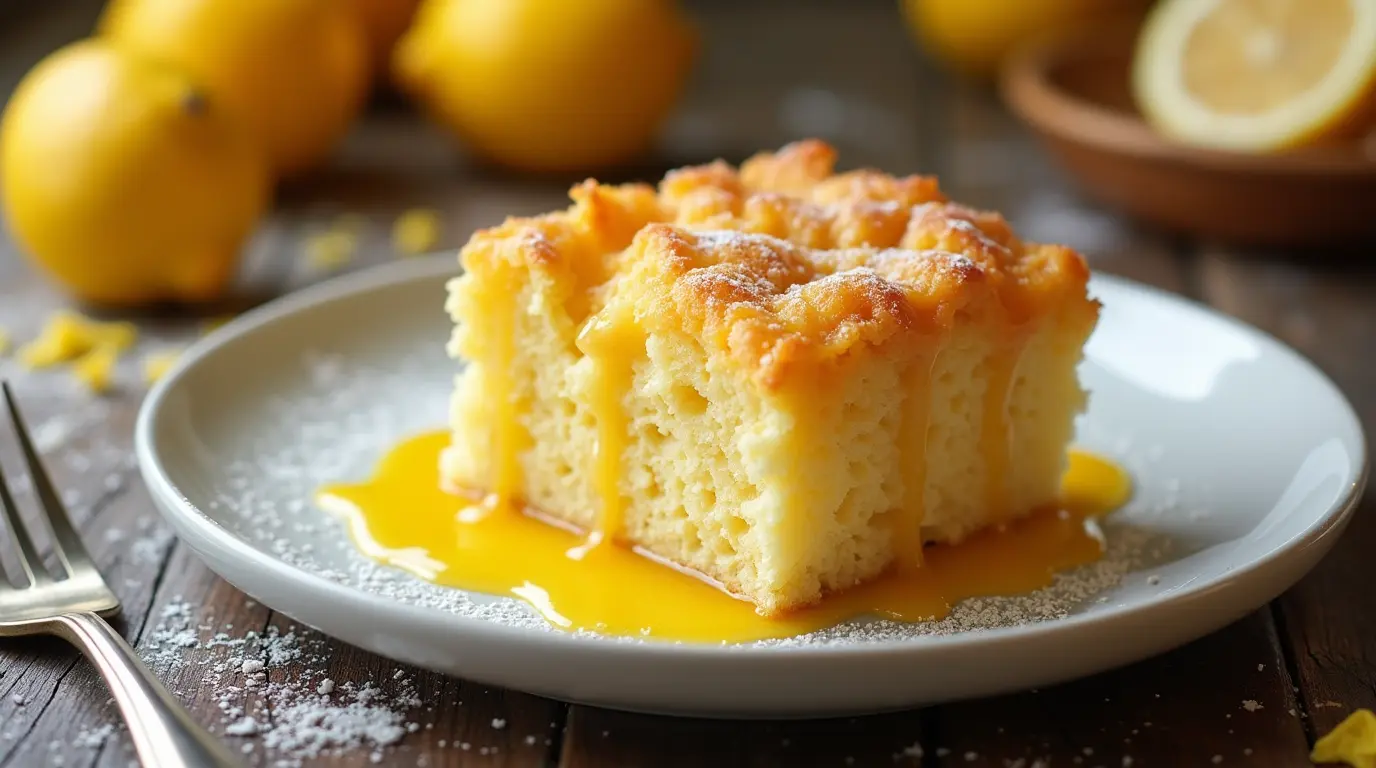 Freshly baked lemon dump cake recipe with a golden, crumbly topping, served on a white plate with a drizzle of lemon glaze and a side of vanilla ice cream.