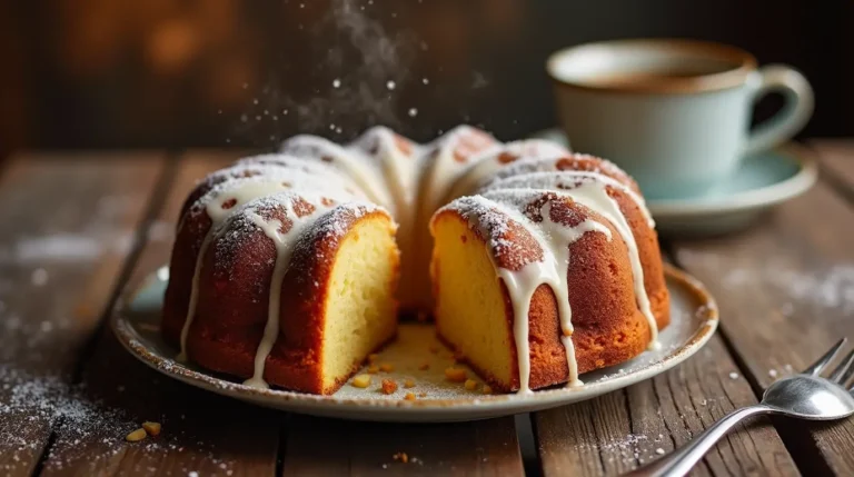 Freshly baked crack cake recipe with a golden-brown crust, drizzled with a light glaze, served on a rustic wooden table with a cup of coffee.