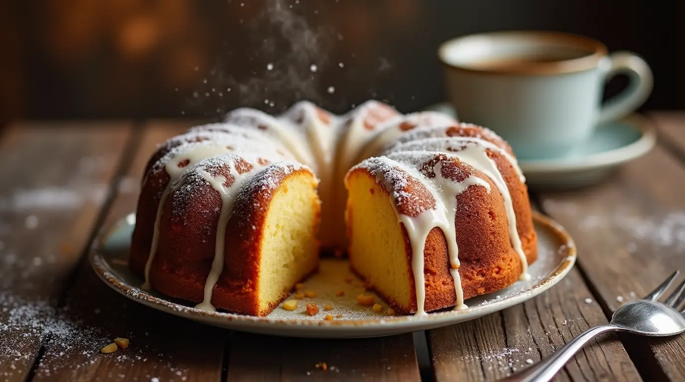 Freshly baked crack cake recipe with a golden-brown crust, drizzled with a light glaze, served on a rustic wooden table with a cup of coffee.
