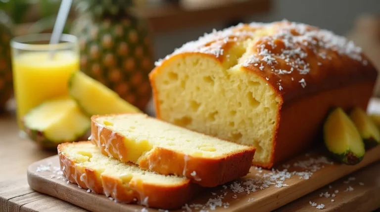 Freshly baked pineapple bread recipe loaf with golden-brown crust, sliced to reveal its moist, fluffy texture with chunks of pineapple inside.