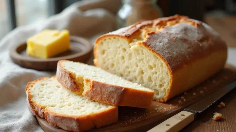 A freshly baked loaf of sourdough quick bread recipes with a golden crust, sliced to reveal a soft, airy interior, placed on a wooden cutting board with butter on the side.