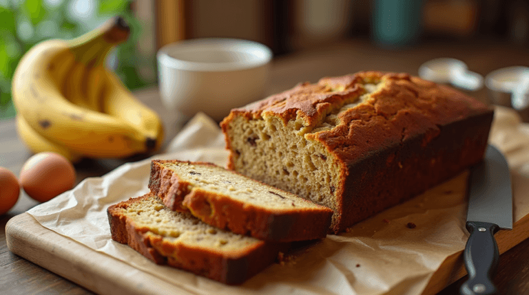 Freshly baked banana bread recipe with cake mix , sliced and placed on a wooden cutting board.