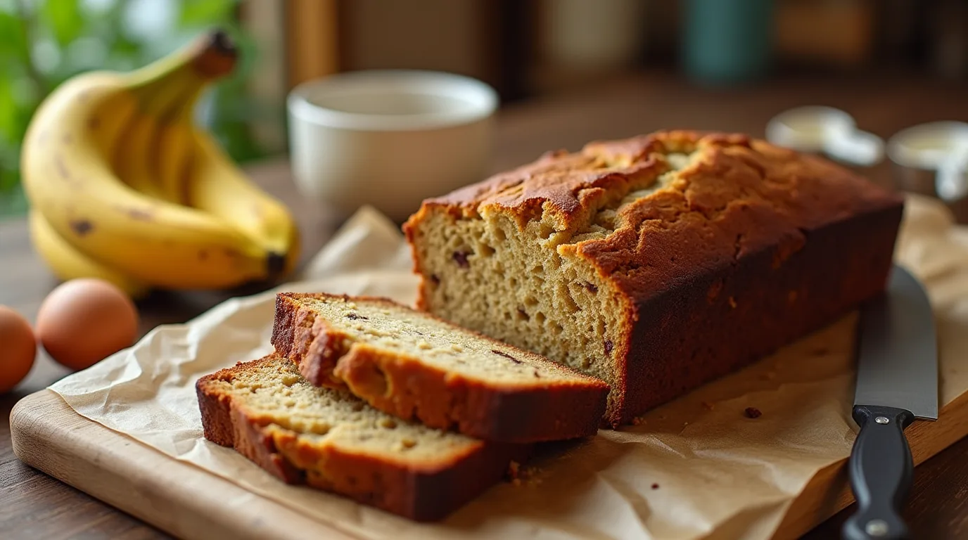 Freshly baked banana bread recipe with cake mix , sliced and placed on a wooden cutting board.