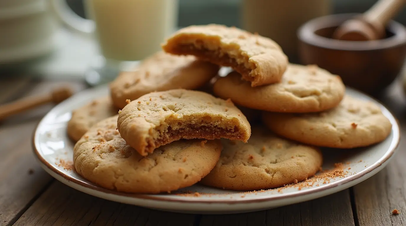 Golden-brown graham cookies recipe stacked on a wooden plate, with a few broken pieces showing their crisp yet tender texture, surrounded by a cozy kitchen setting.