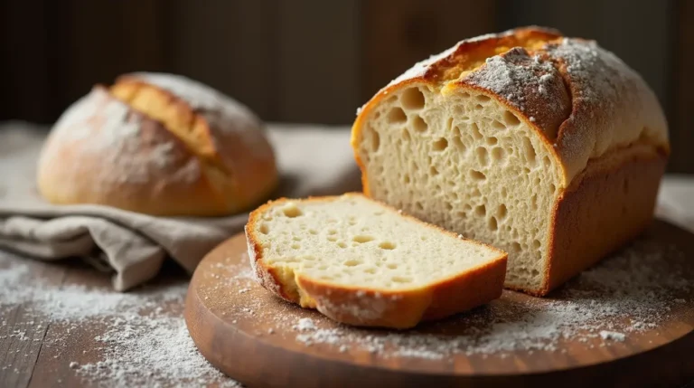 A rustic loaf of einkorn sourdough bread recipe with a golden crust, sliced to reveal its soft, airy crumb, set on a wooden board with a linen cloth.