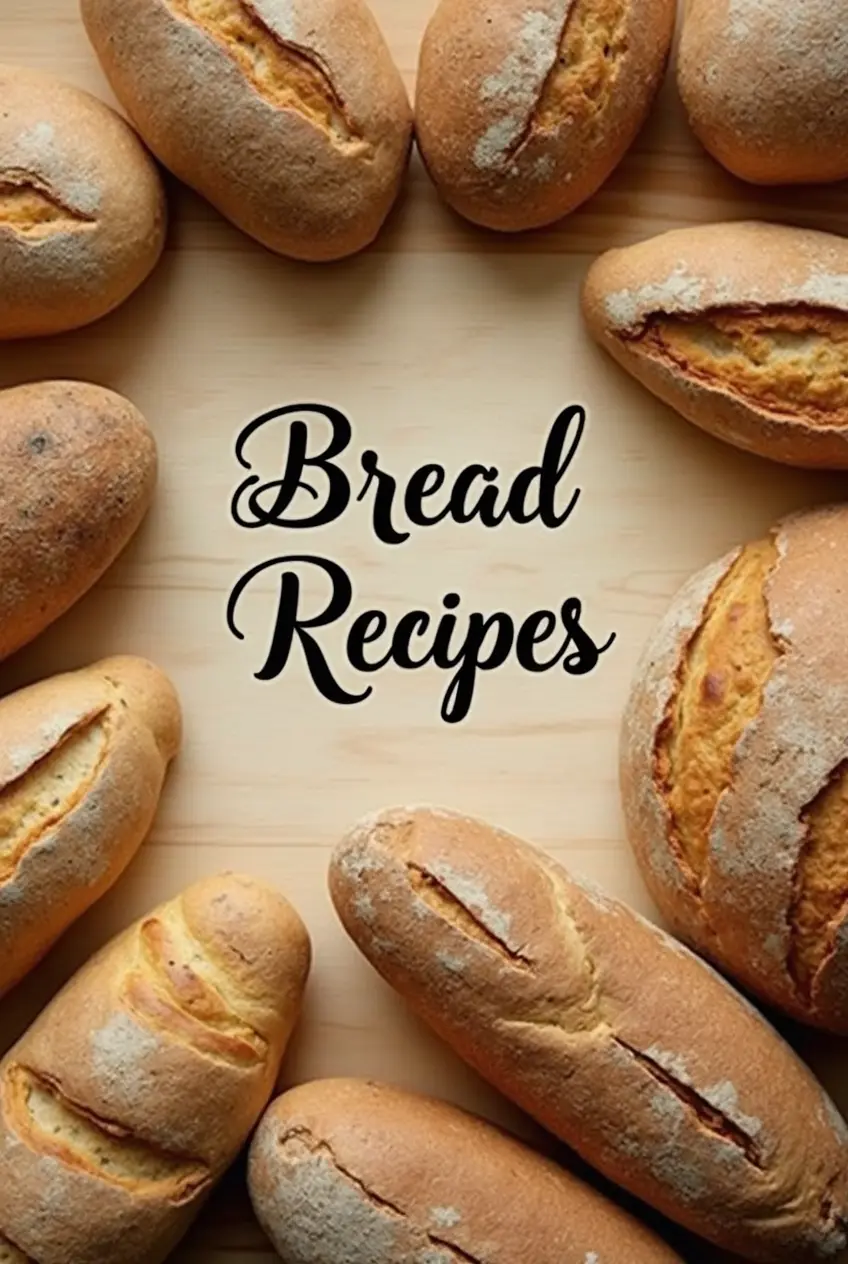 A visually appealing cover featuring an assortment of freshly baked bread, including sourdough, baguettes, and whole wheat loaves, arranged on a rustic wooden surface. The text "Bread Recipes" is centered in an elegant font.