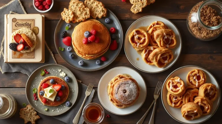 A variety of sourdough recipes not bread, including pancakes, waffles, crackers, and pastries, arranged on a rustic kitchen counter with fresh ingredients and a jar of bubbling sourdough starter.