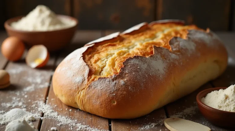 A freshly baked loaf of Reka Bread recipe with a golden crust, sliced to reveal a soft and fluffy interior, placed on a wooden board.