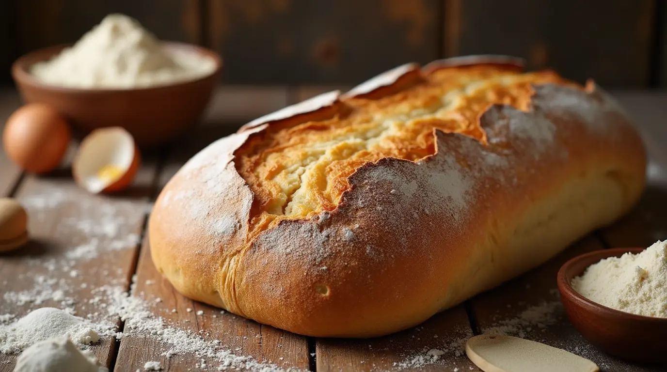 A freshly baked loaf of Reka Bread recipe with a golden crust, sliced to reveal a soft and fluffy interior, placed on a wooden board.