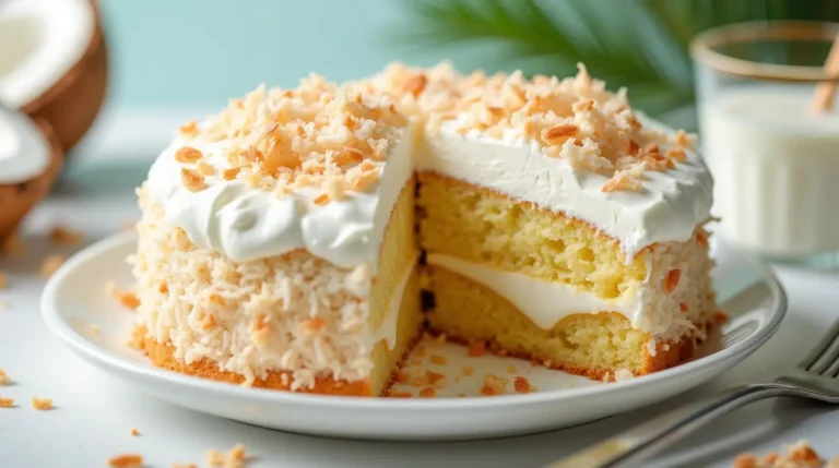 A moist coconut poke cake recipe topped with whipped cream and shredded coconut, with a slice cut out to reveal the creamy layers inside.