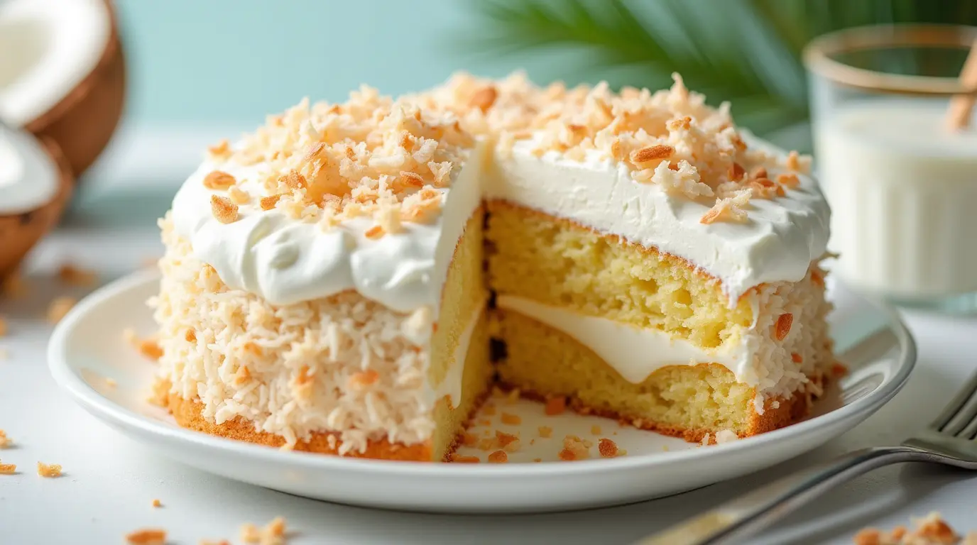 A moist coconut poke cake recipe topped with whipped cream and shredded coconut, with a slice cut out to reveal the creamy layers inside.