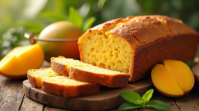 Golden-brown loaf of mango bread recipe with visible mango chunks, sliced and displayed on a wooden cutting board.