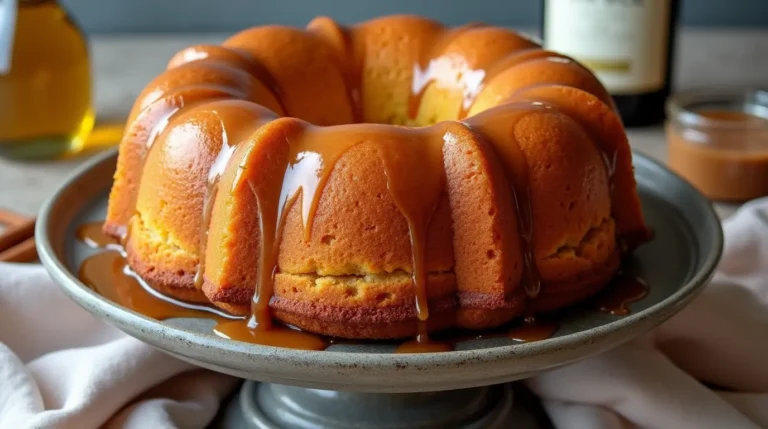 "Golden, moist Crack Cake with a sweet glaze drizzling down the sides, served on a plate with a fork.