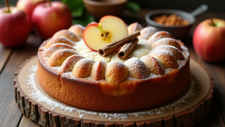 A moist applesauce cake recipe dusted with powdered sugar, garnished with apple slices and cinnamon sticks, sitting on a rustic wooden table.