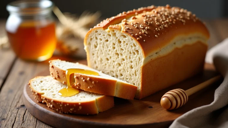 ​A loaf of honey wheat bread recipe with several slices cut, revealing its soft, fluffy interior, resting on a wooden cutting board.