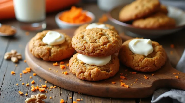 Freshly baked carrot cake cookies recipe with creamy frosting, topped with chopped walnuts and served on a rustic plate.