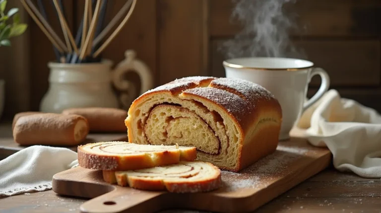 Golden brown Amish cinnamon bread with sugar topping and visible cinnamon swirl, sliced and served on a rustic wooden board.