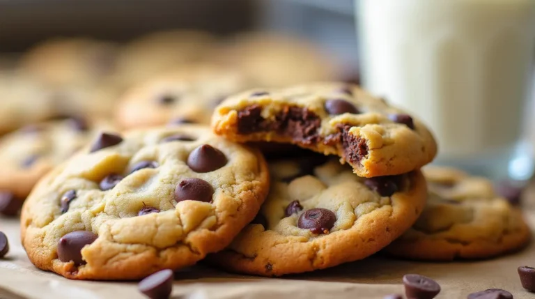 Homemade eggless chocolate chip cookies recipe arranged on a cooling rack with melted chocolate chips and golden-brown edges.