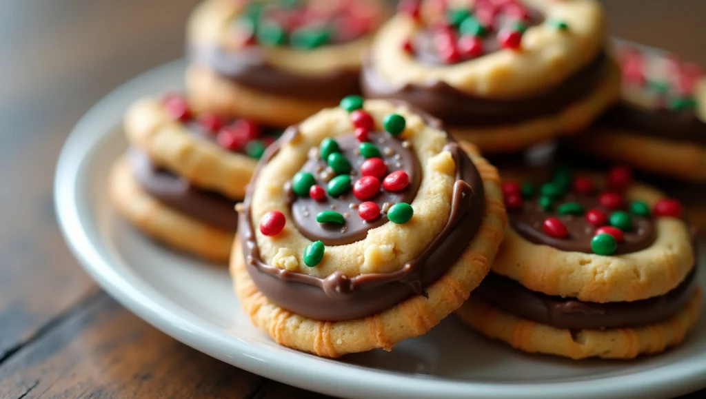 Ritz Cracker Cookies with peanut butter filling, dipped in chocolate and topped with colorful sprinkles.