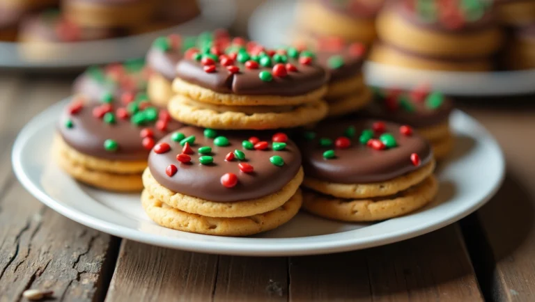 Ritz Cracker Cookies with peanut butter filling, dipped in chocolate and topped with colorful sprinkles.