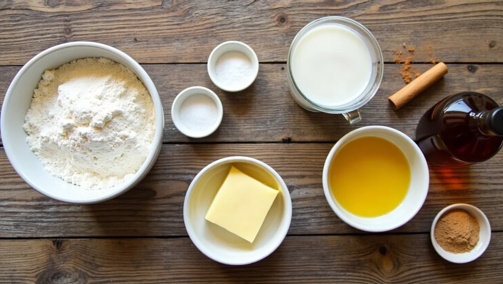 Flat lay of cinnamon donut bread recipe ingredients including flour, sugar, cinnamon, milk, eggs, butter, and vanilla on a rustic table