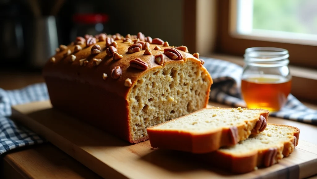 Homemade Sweet Alabama Pecan Bread recipe sliced on a wooden board, showing moist texture and crunchy pecans inside a golden brown crust.