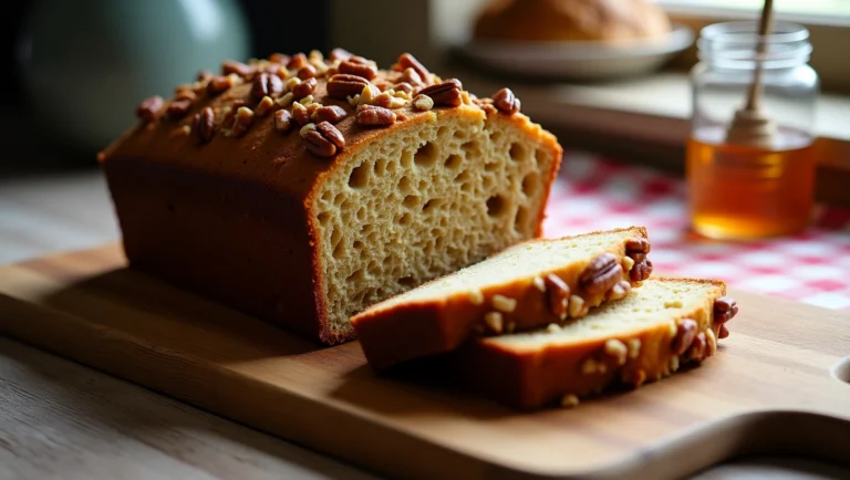 Golden-brown loaf of Sweet Alabama Pecan Bread recipe on a wooden board, with sliced pieces showing rich, nutty texture and pecans throughout.
