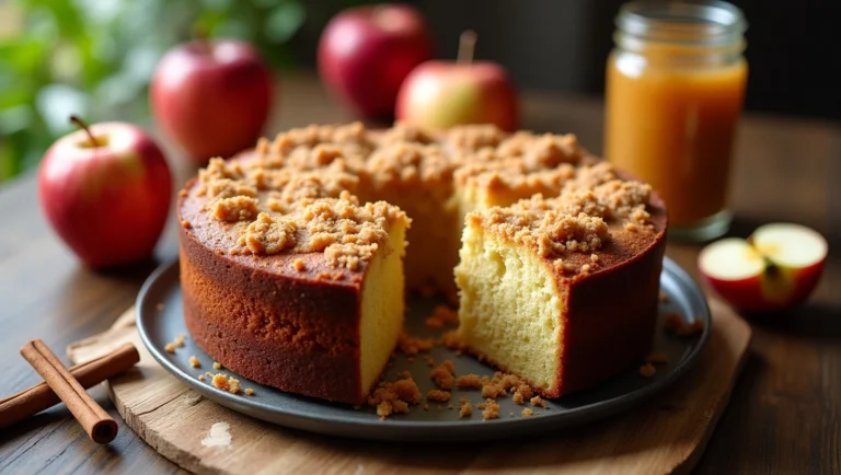 A slice of moist applesauce coffee cake recipe topped with cinnamon streusel, served on a rustic plate with a cup of coffee.