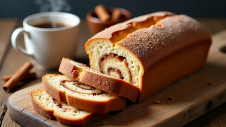 Golden-brown loaf of cinnamon donut bread recipe sliced on a wooden board, topped with cinnamon sugar