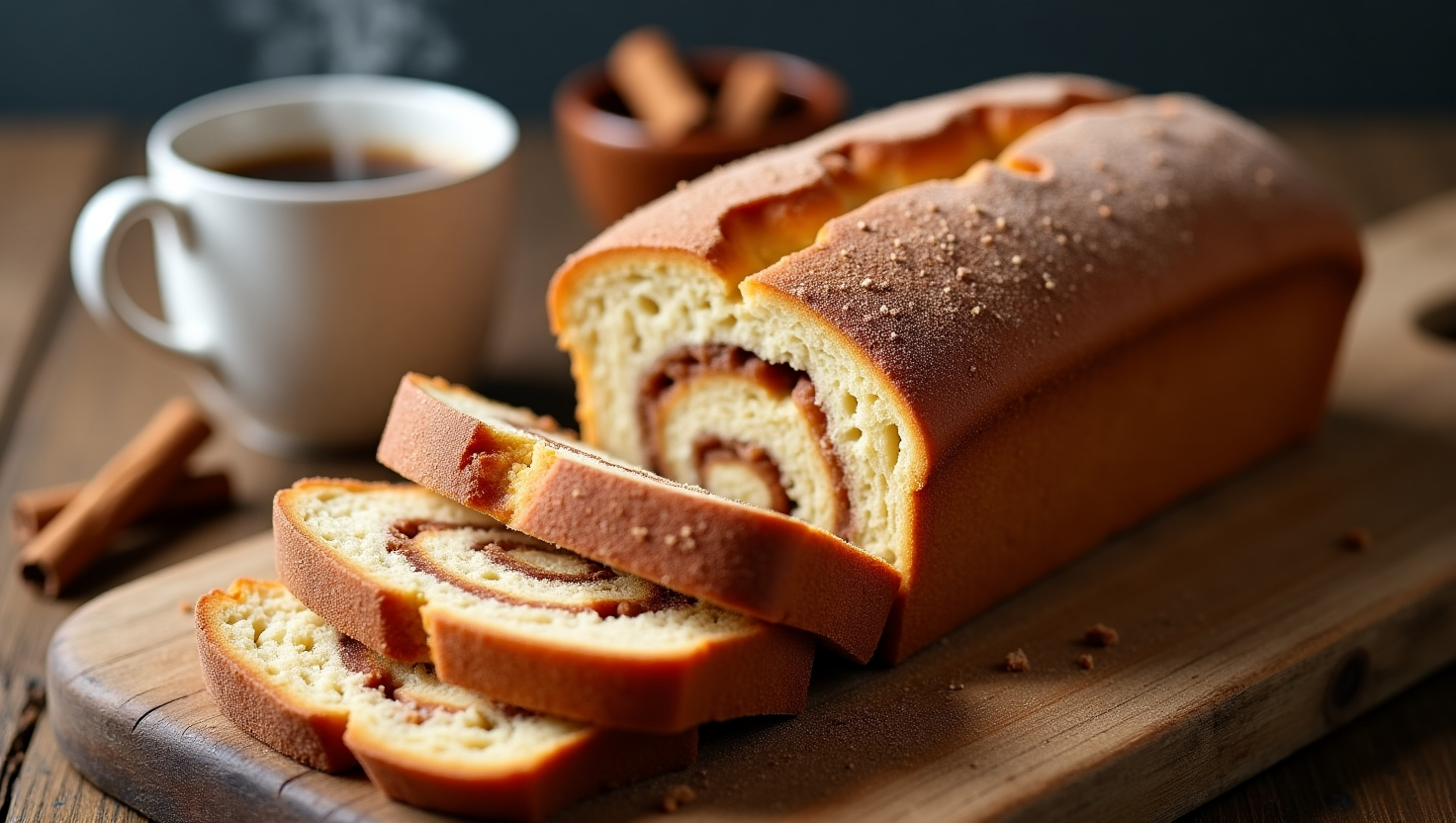 Golden-brown loaf of cinnamon donut bread recipe sliced on a wooden board, topped with cinnamon sugar