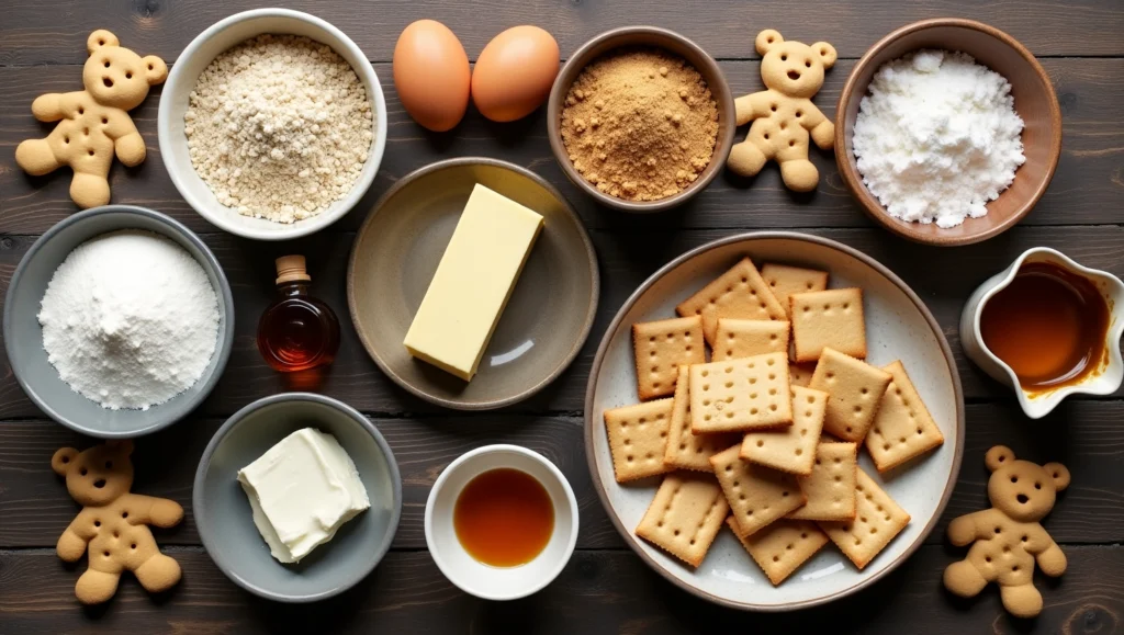 Ingredients for Crumbl Cookie Graham Cracker: flour, graham cracker crumbs, butter, brown sugar, granulated sugar, eggs, vanilla extract, salt, cream cheese, powdered sugar, honey, and Teddy Grahams.
